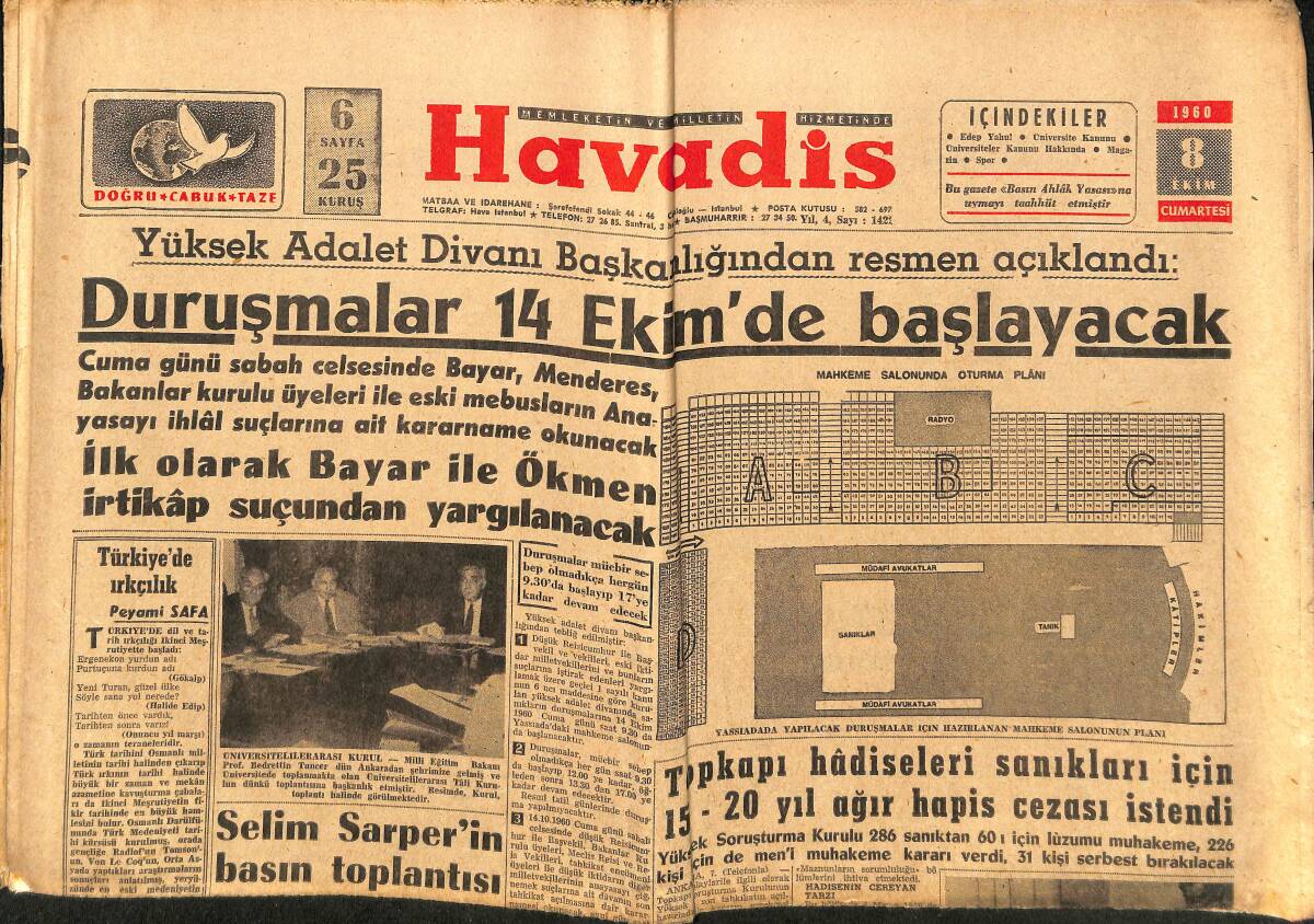 Havadis Gazetesi 8 Ekim 1960 - Galatasaray Darüşşafaka Final İçin Karşılaşıyor - Gina Kocası Yüzünden Mühim Bir Rol Kaçırıyor GZ148638 - 1
