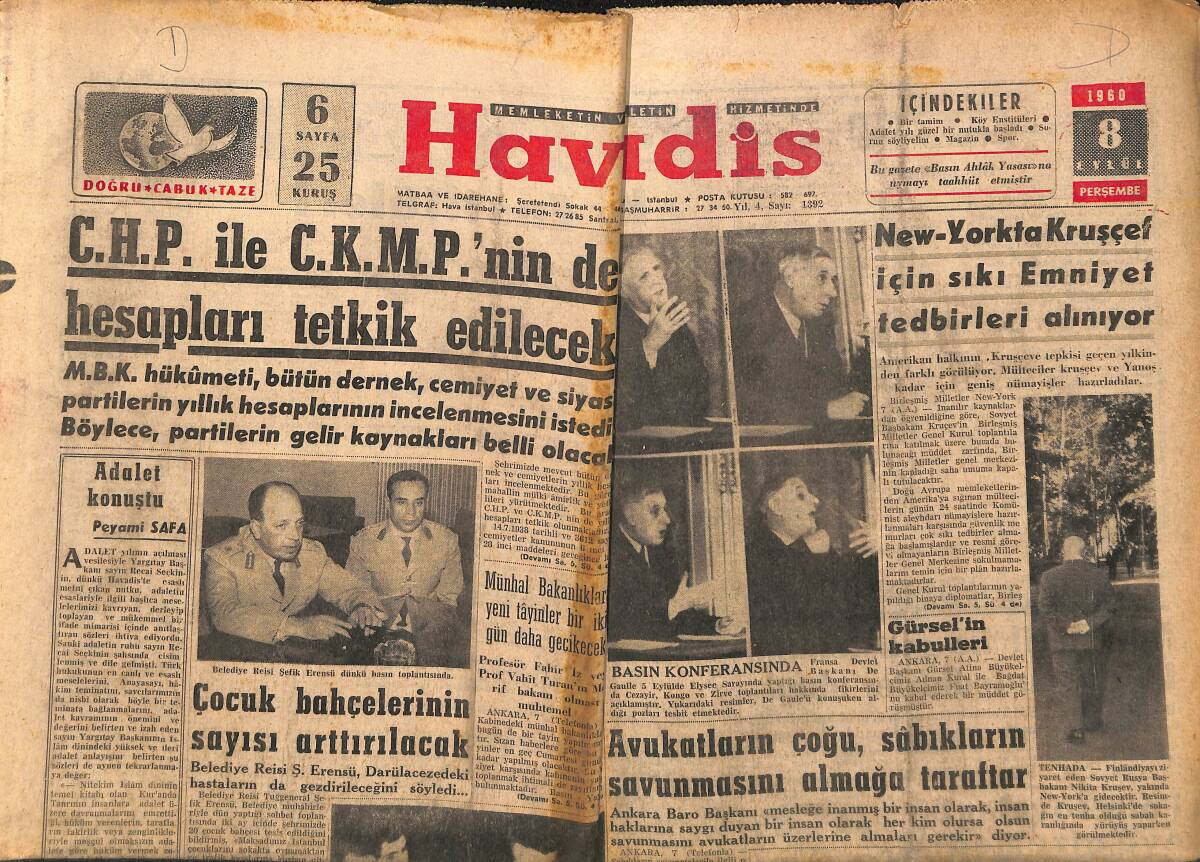 Havadis Gazetesi 8 Eylül 1960 - Gençlik Tiyatrosu Rağbet Görüyor - Doğu Almanya C.Başkanı Öldü GZ147061 - 1