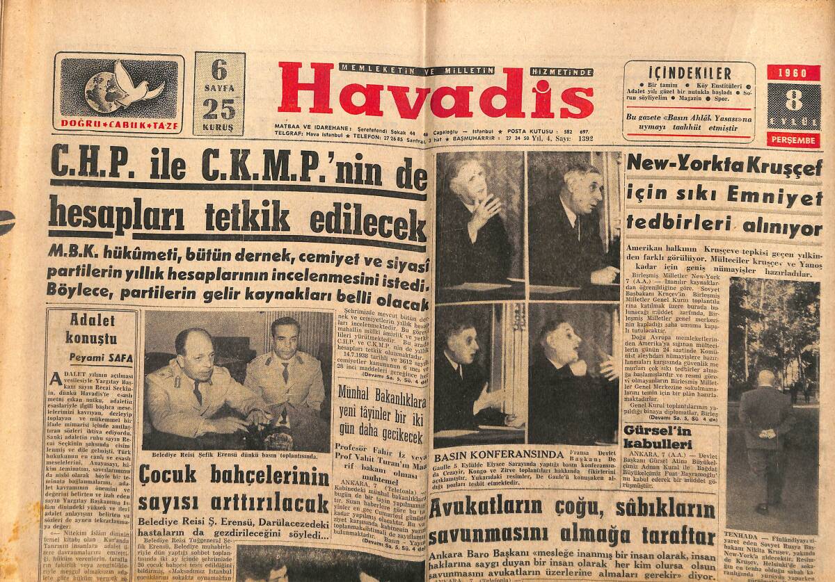 Havadis Gazetesi 8 Eylül 1960 - Gençlik Tiyatrosu Rağbet Görüyor - Doğu Almanya C.Başkanı Öldü GZ147066 - 1