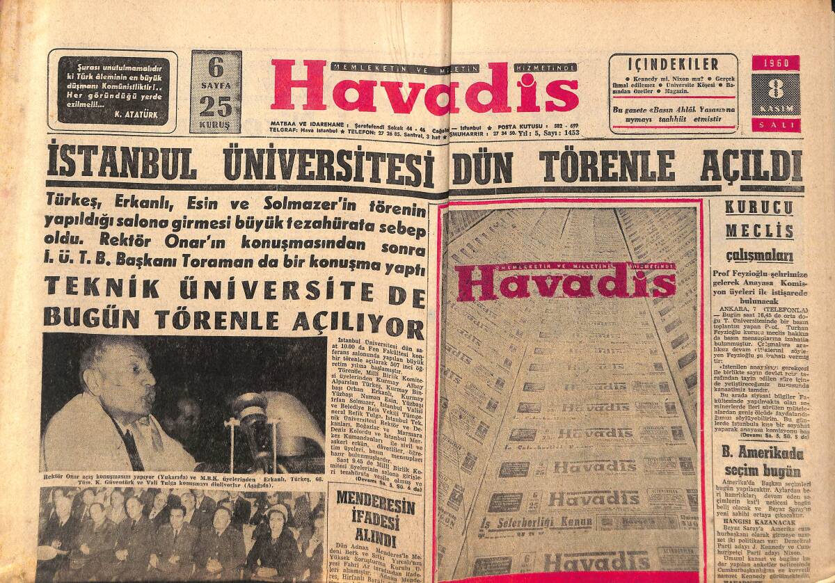Havadis Gazetesi 8 Kasım 1960 - Kennedy Mi Nixon Mu? - İstanbul Üniversitesi Dün Törenle Açıldı GZ146970 - 1