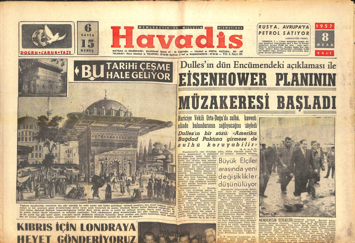 Havadis Gazetesi 8 Ocak 1957 - Eisenhower Planının Müzakeresi Başladı - Malenkov Yine Ön Planda GZ142902 - 1