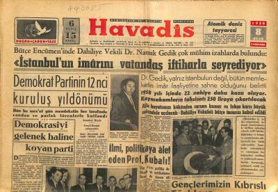 Havadis Gazetesi 8 Ocak 1958 - Bu Yıl Çimento Fabrikalarımız İstihlâki Tamamen Karşılıyor - BMM Bugün Toplanıyor GZ122004 - 1