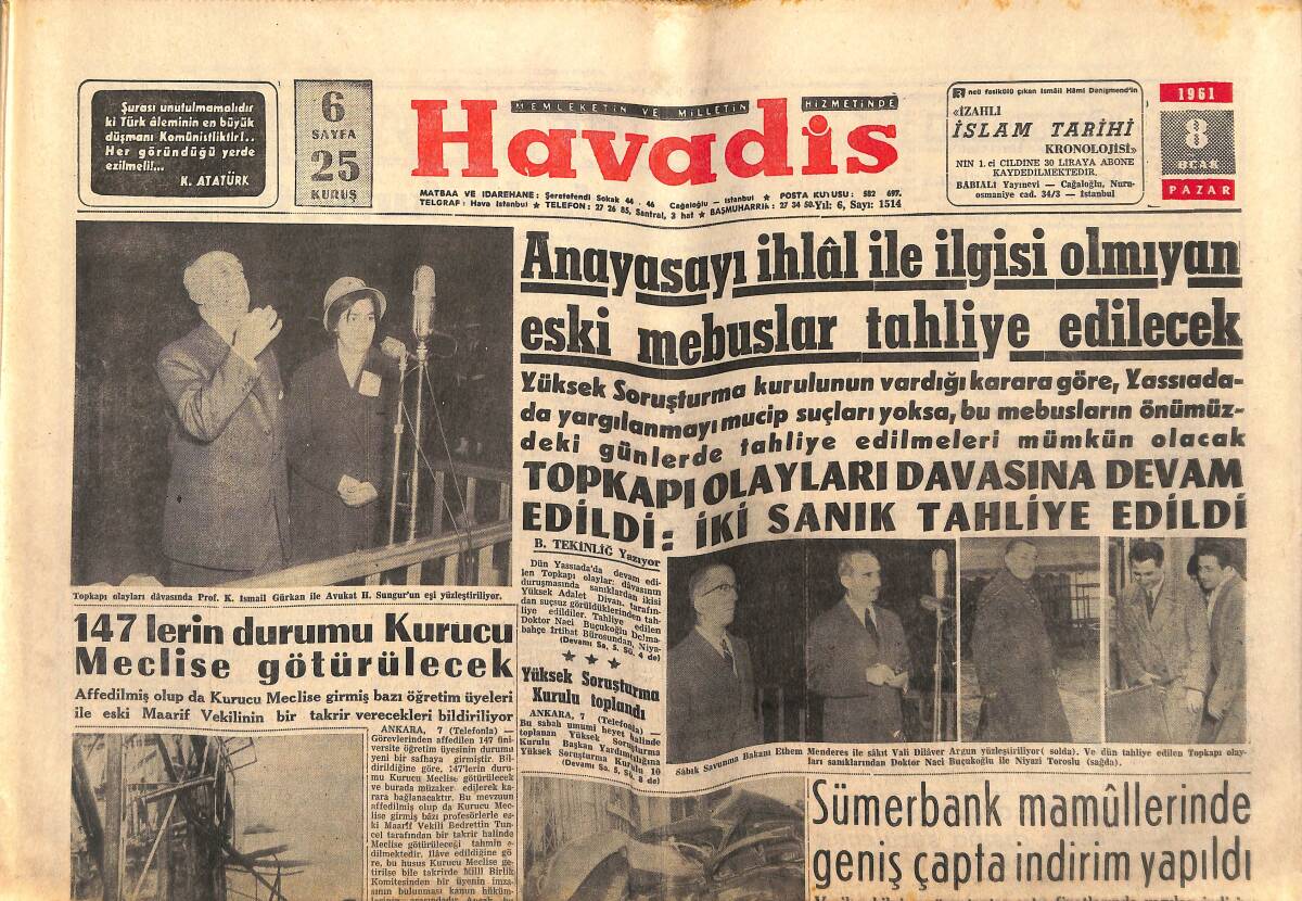 Havadis Gazetesi 8 Ocak 1961 - Sümerbank Mamûllerinde Geniş Çapta İndirim Yapıldı - Bakanlar Kurulu Zamları Görüştü GZ147112 - 1