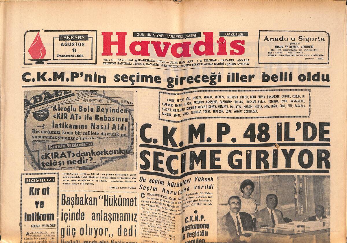 Havadis Gazetesi 9 Ağustos 1965 - Dior, Kadınları Masraftan Kurtarıyor - Kıbrıs Şehidi Topel Dün Törenle Anıldı GZ147214 - 1