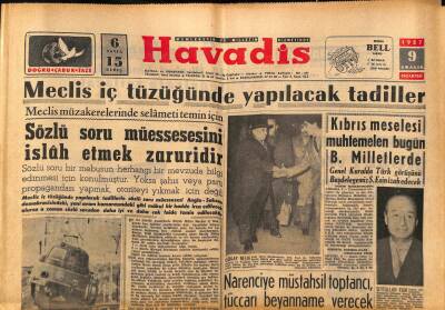 Havadis Gazetesi 9 Aralık 1957 - Meclis İç Tüzüğünde Yapılacak Tadiller GZ82931 - 1
