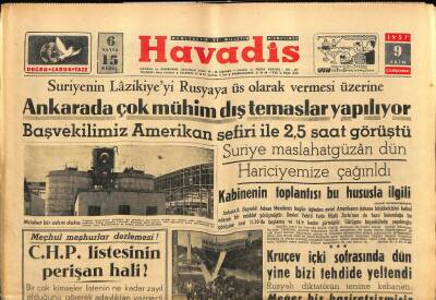 Havadis Gazetesi 9 Ekim 1957 - Menderesin Yurtiçi Gezisi Gecikebilecek GZ82870 - 1