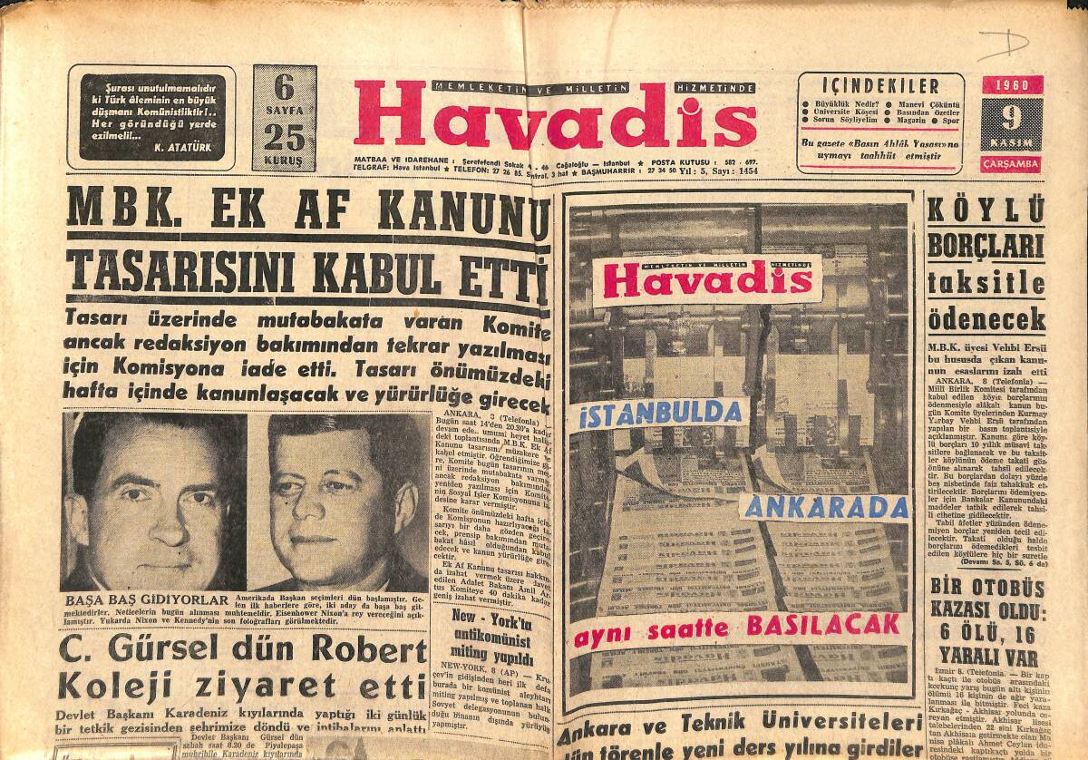 Havadis Gazetesi 9 Kasım 1960 - C.Gürsel Dün Robert Koleji Ziyaret Etti - Mandalinci Ve Erkmen Dün İrtikâptan Muhakeme Edildi GZ147099 - 1
