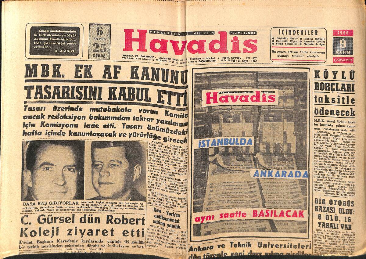 Havadis Gazetesi 9 Kasım 1960 - Mylene, Roma'da Aşk Filminde Yediği Tokattan Dile Düştü - Gürsel Dün Robert Kolejini Ziyaret Etti GZ146969 - 1