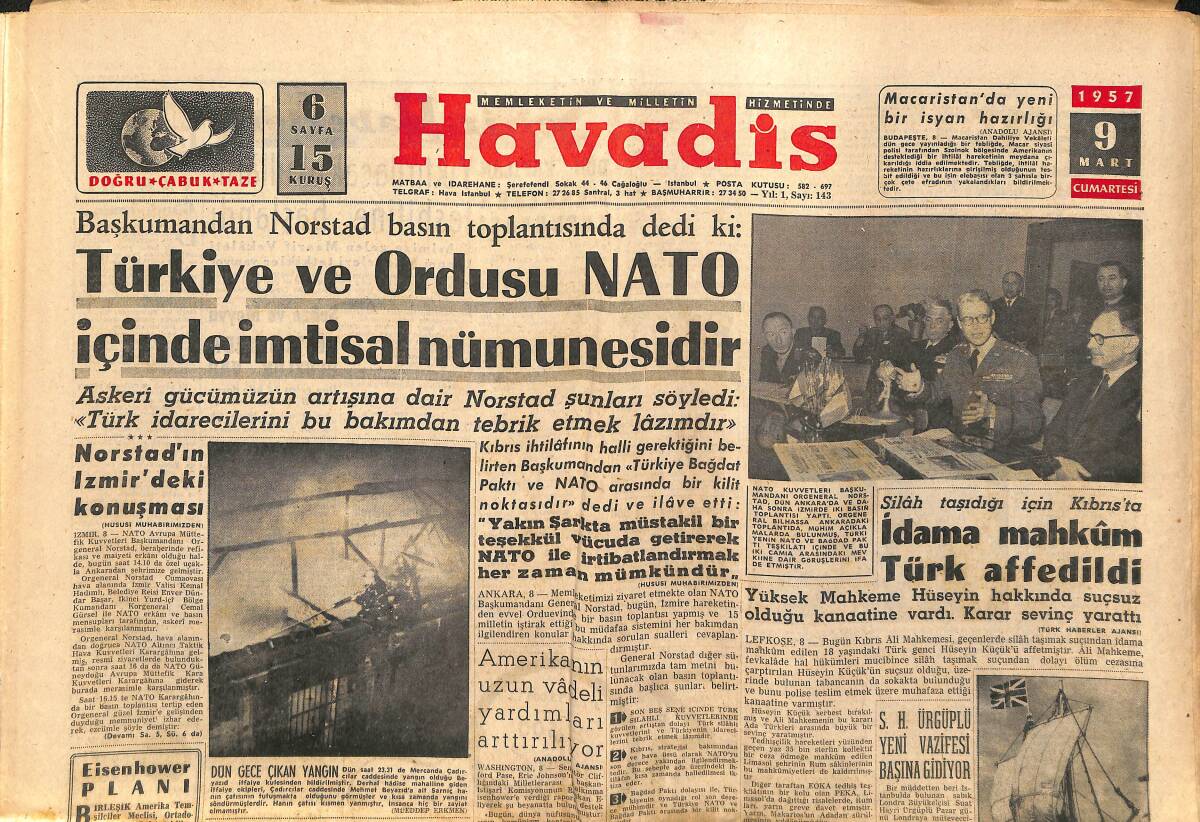 Havadis Gazetesi 9 Mart 1957 - Türkiye Ve Ordusu NATO İçinde İmtisal Nümunesidir - Richards Heyeti Türkiye'ye Geliyor GZ149179 - 1