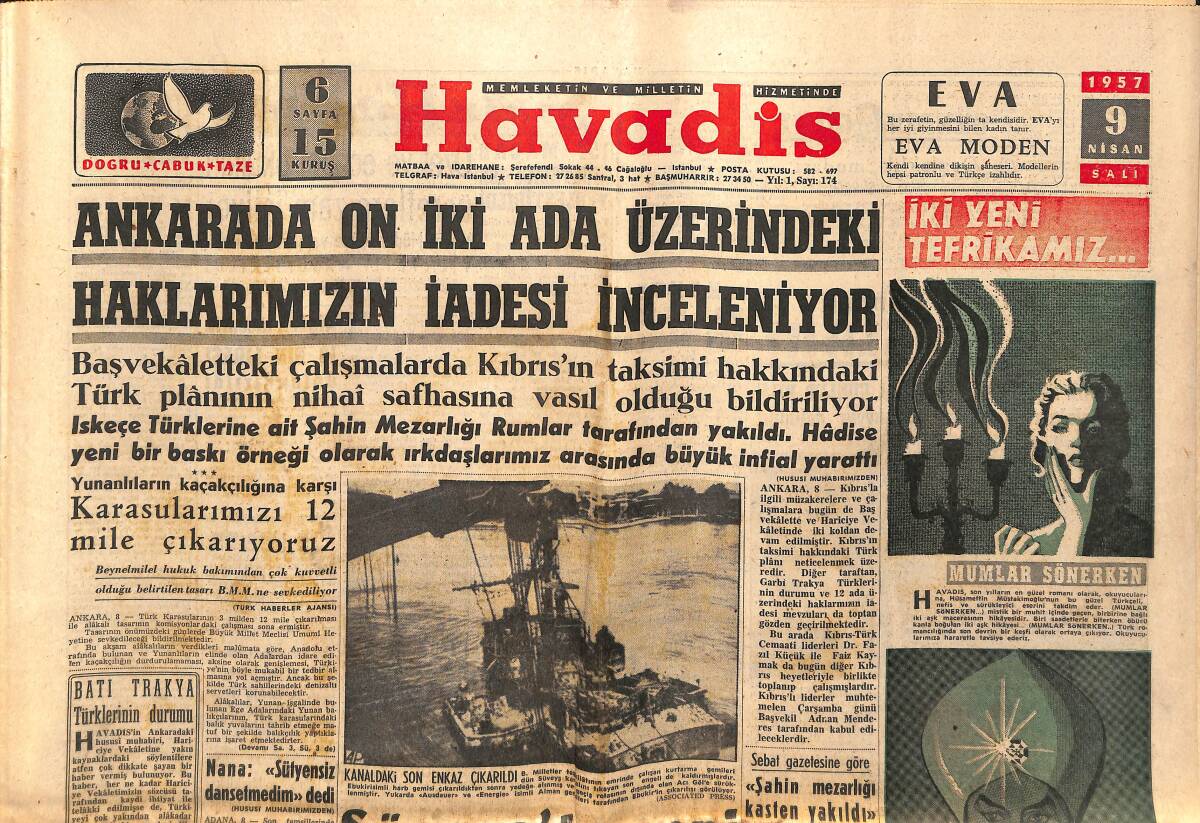 Havadis Gazetesi 9 Nisan 1957 - Kraliçe Elizabeth Paris'te - Ankara'da On İki Ada Üzerindeki Haklarımızın İadesi İnceleniyor GZ149264 - 1