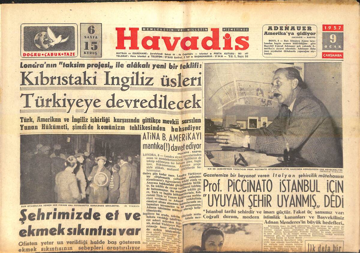 Havadis Gazetesi 9 Ocak 1957 - Nasır Kaçmağa Hazırlanıyor - Kıbrıstaki İngiliz Üsleri Türkiye'ye Devrilecek GZ142903 - 1