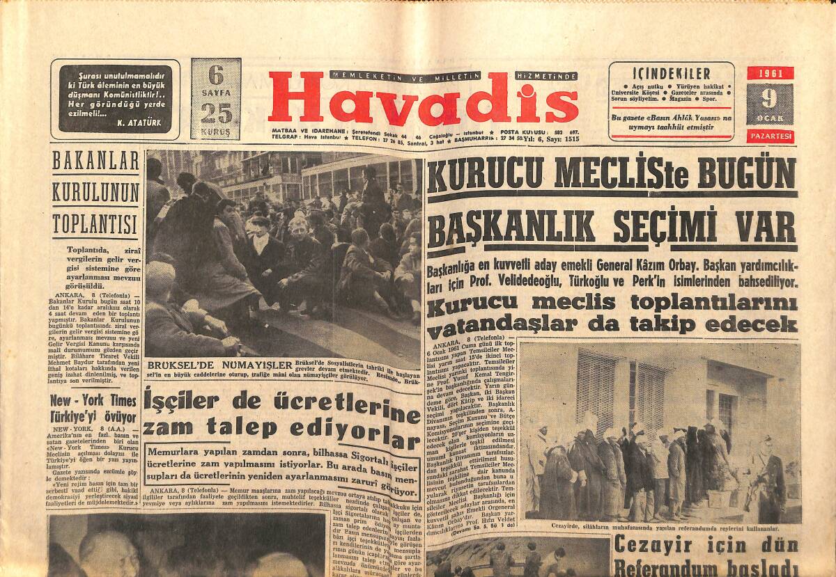 Havadis Gazetesi 9 Ocak 1961 - Esnaf Kredi Bankasının Tasfiyesi Lüzumlu Görüldü - Cezayir İçin Dün Referandum Başladı GZ147113 - 1