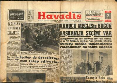 Havadis Gazetesi 9 Ocak 1961 - New York Times Türkiyeyi Övüyor - Kurucu Mecliste Bugün Başkanlık Seçimi Var GZ121265 - 1