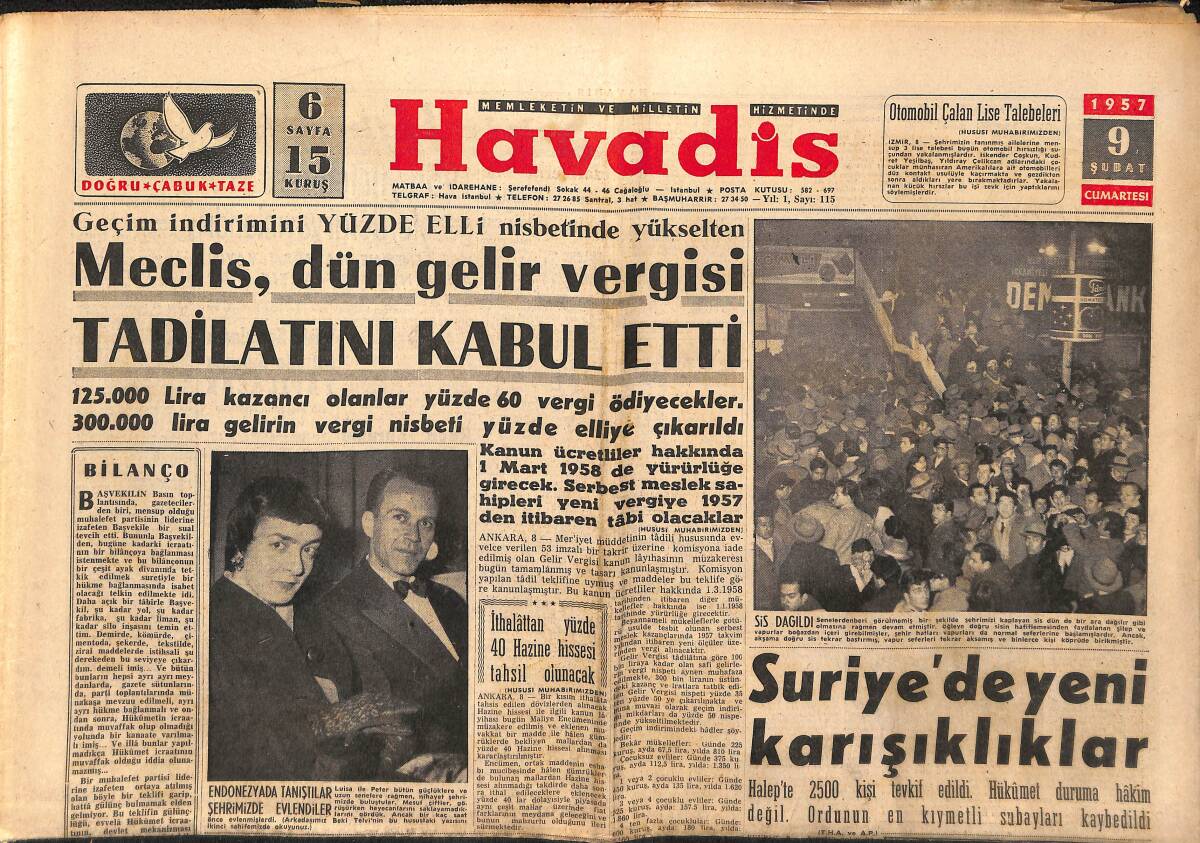  Havadis Gazetesi 9 Şubat 1957 - Bir Belediye Reisi Edebe Aykırı Resimler Çekmiş - İzmir Vapurunda İnfilak Oldu GZ149026 - 1