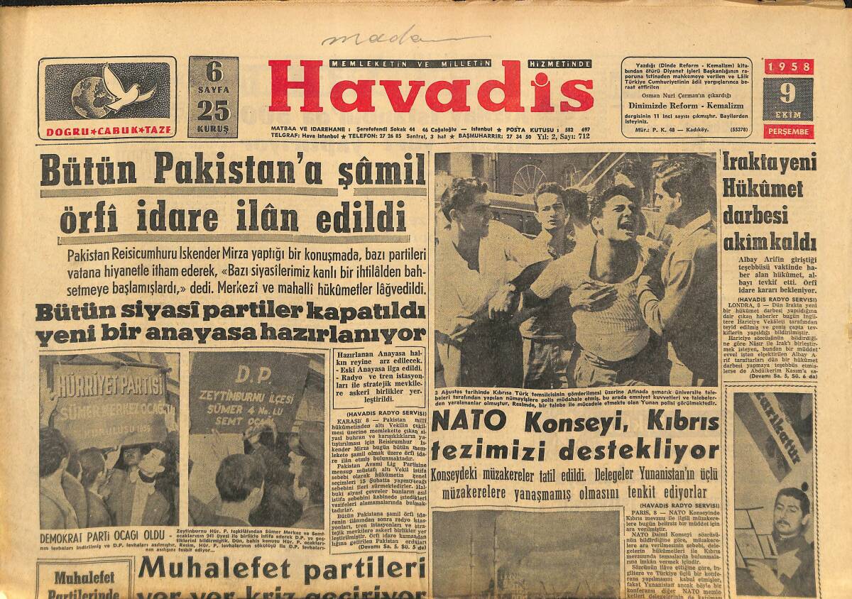Havadis Gazetesi 9 Şubat 1958 - NATO Konseyi,Kıbrıs Tezimizi Destekliyor - Galatasaray 5 Gol Atarken Metin Şeytanın Bacağını 2 Defa Kırıldı GZ149126 - 1