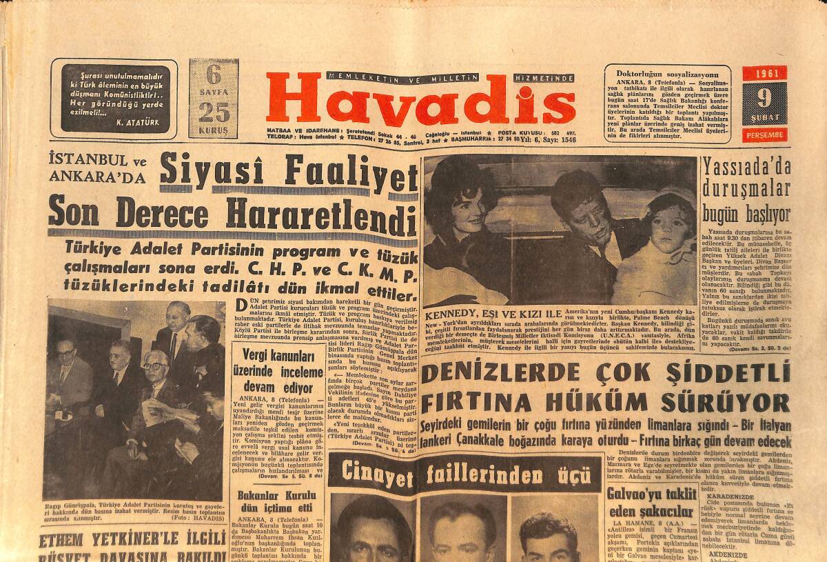 Havadis Gazetesi 9 Şubat 1961 - Kennedy,Eşi Ve Kızı İle - Galvao'yu Taklit Eden Şakacılar GZ149078 - 1