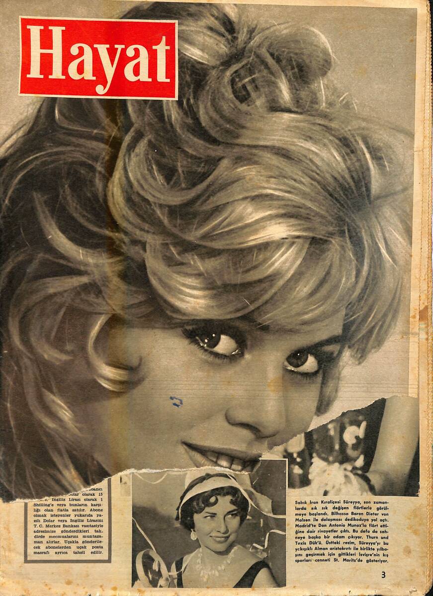 HAYAT Dergisi 16 Ocak 1959 Sayı : 3-Kapak:Brigitte Bardot-İran Kraliçesi Süreyya , Son Zamanlarda Sık Sık Değişen Flörtlerle Görüntülenmeye Başlandı NDR88759 - 1