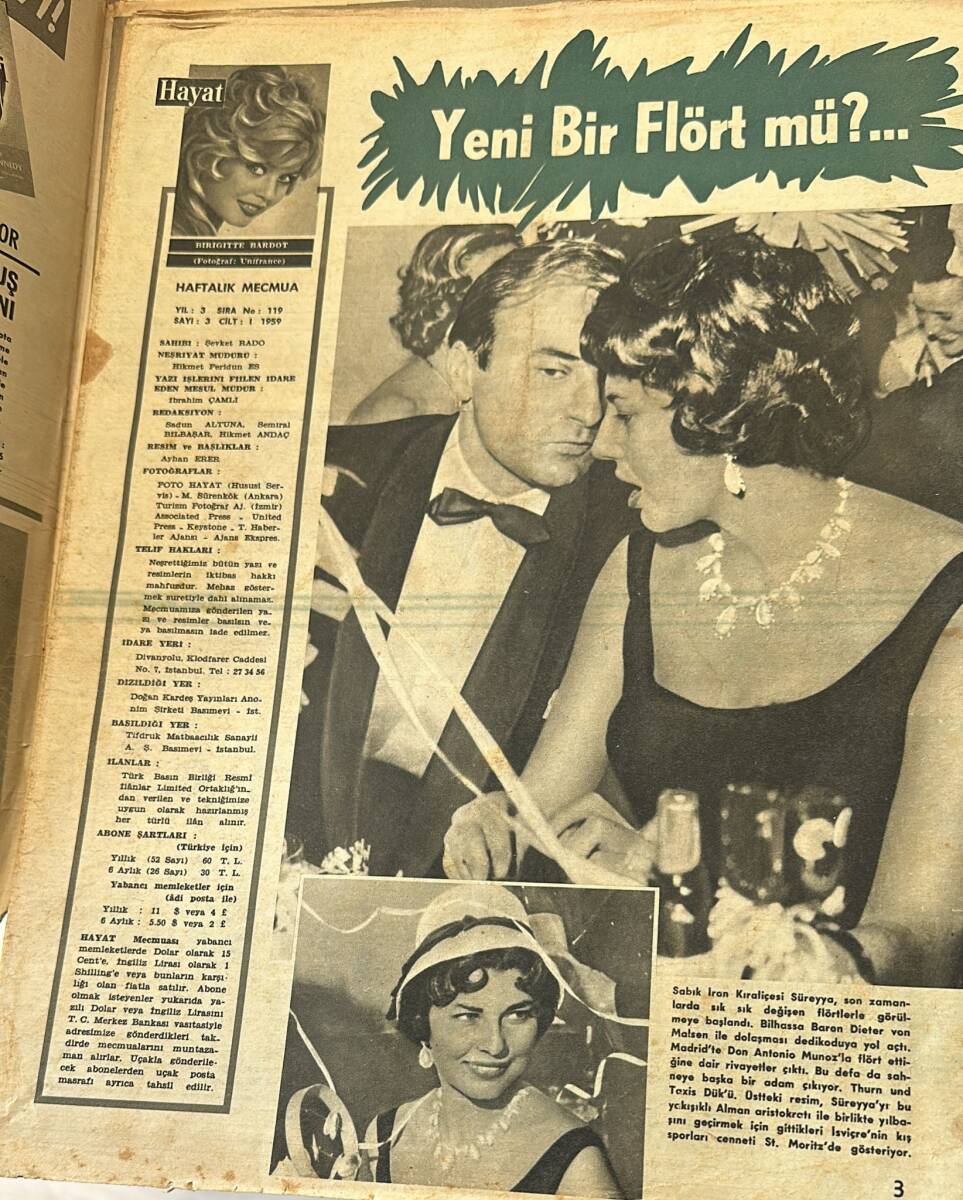 HAYAT Dergisi 16 Ocak 1959 Sayı : 3-Kapak:Brigitte Bardot-İran Kraliçesi Süreyya , Son Zamanlarda Sık Sık Değişen Flörtlerle Görüntülenmeye Başlandı NDR88759 - 2