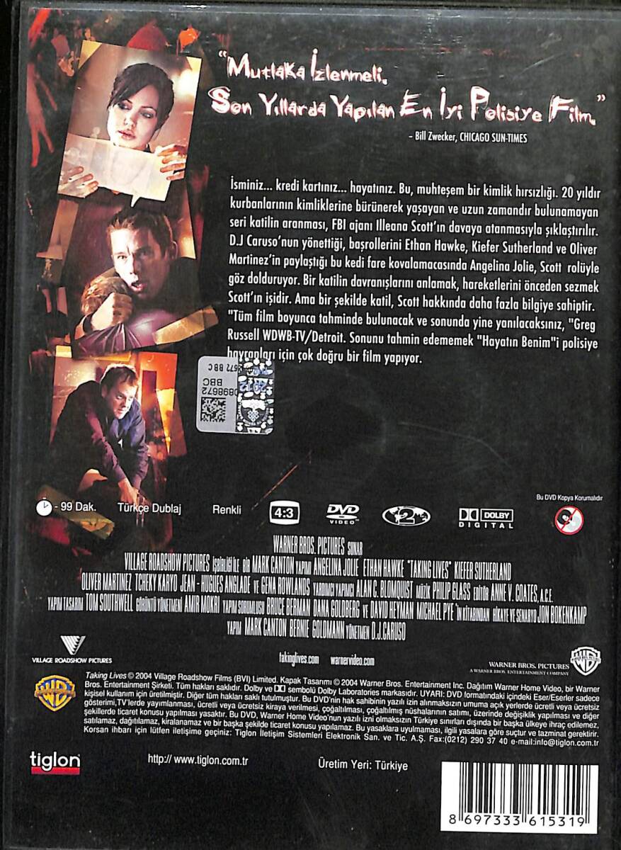 Hayatın Benim (Taking Lives) – Orijinal DVD (İkinci El) * Angelina Jolie, Ethan Hawke, Kiefer Sutherland – 2004 * DVD2998 - 2
