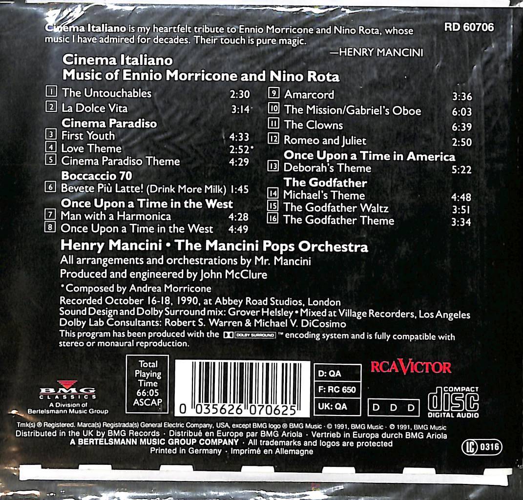 Henry Mancini & The Mancini Pops Orchestra - Cinema Italiano / Music Of Ennio Morricone & Nino Rota CD (İkinci El) CD5797 - 2