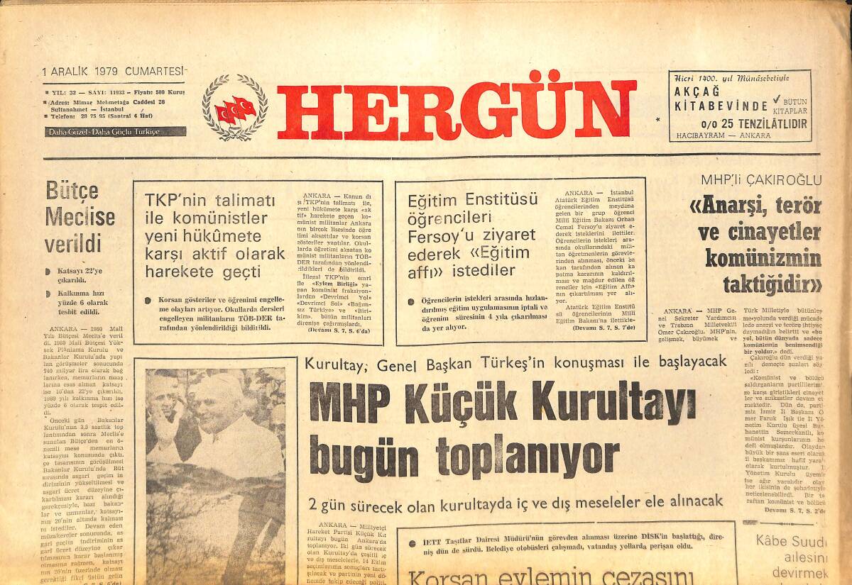 Her Gün Gazetesi 1 Aralık 1979 - Meryemana'da Hacı Olan Papa Gitti - Korsan Eylemin Cezasını İstanbul Halkı Çekiyor GZ142270 - 1