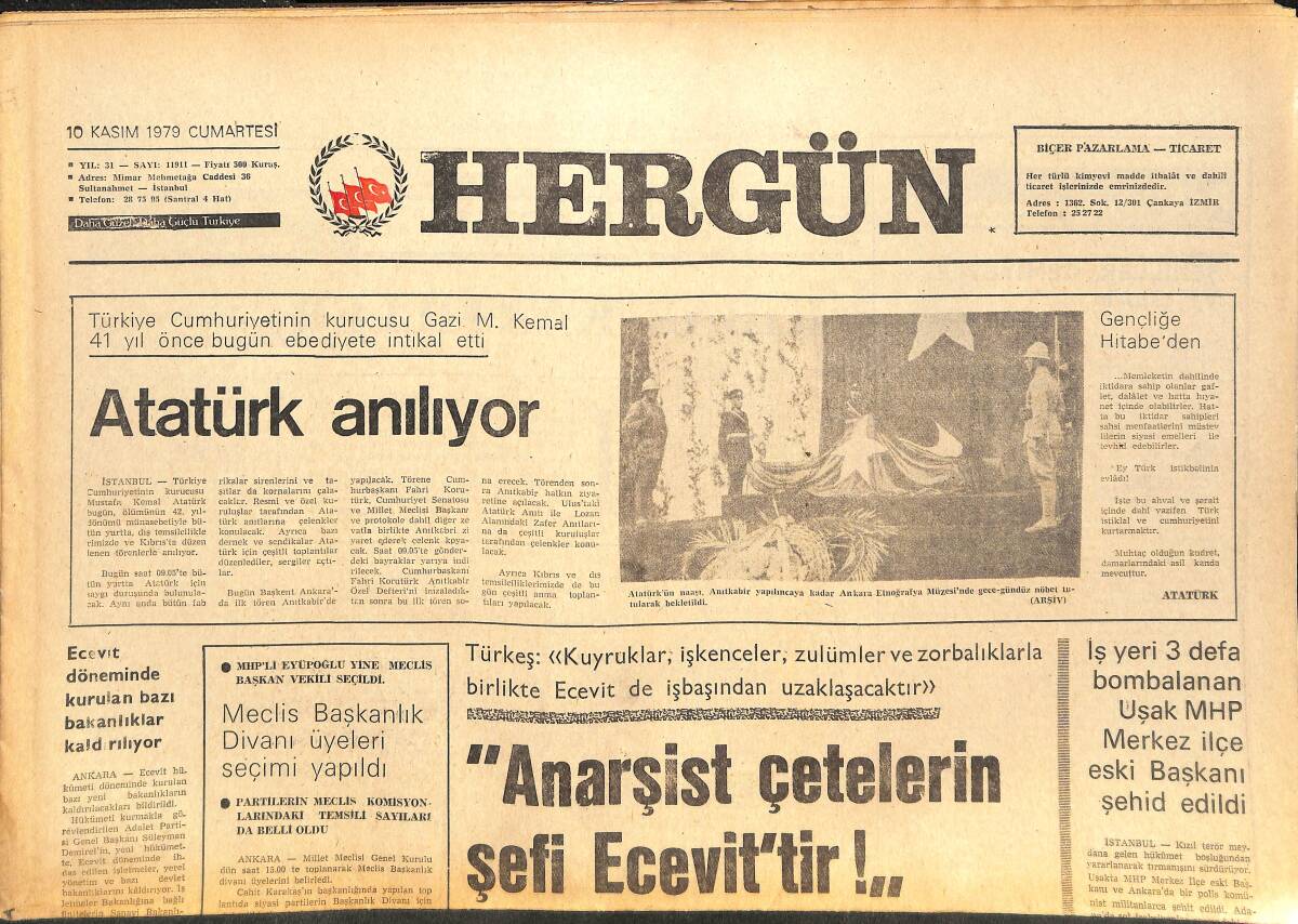 Her Gün Gazetesi 10 Kasım 1979 - Atatürk Anılıyor - ABD Ve İran Karşılıklı Misillemeler Uyguluyor - Komünistler Hazine Arsalarını İşgal Etti GZ142157 - 1