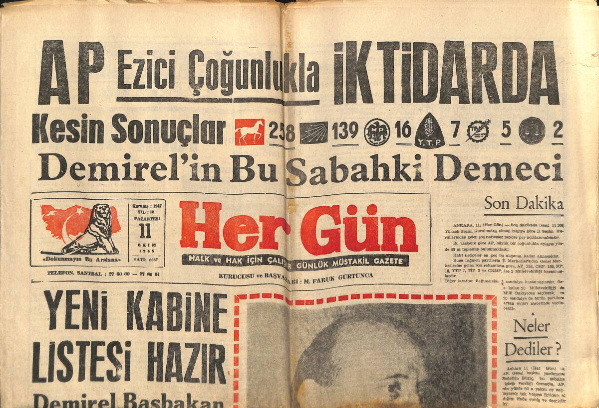 Her Gün Gazetesi 11 Ekim 1965 - Baldan Tatlı Genç Kız Baş Rol İstiyordu: Leyla Sayar - Yeni Kabine Listesi Hazır GZ152583 - 1