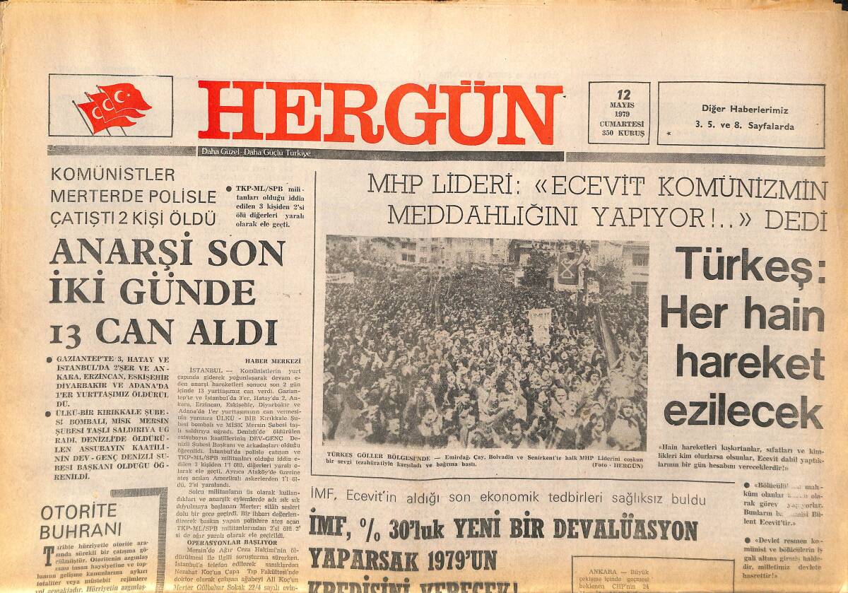 Her Gün Gazetesi 12 Mayıs 1979 - Türkeş: Her Hain Hareket Ezilecek - Ecevit'in Son Sözleri Avrupa Konseyini Etkileyemedi GZ142063 - 1