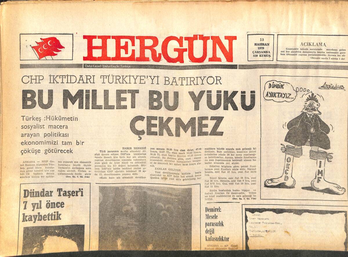 Her Gün Gazetesi 13 Haziran 1979 - Dündar Taşer'i 7 Yıl Önce Kaybettik - MHP 30. kuruluş Yıldönümü Şöleni GZ142085 - 1