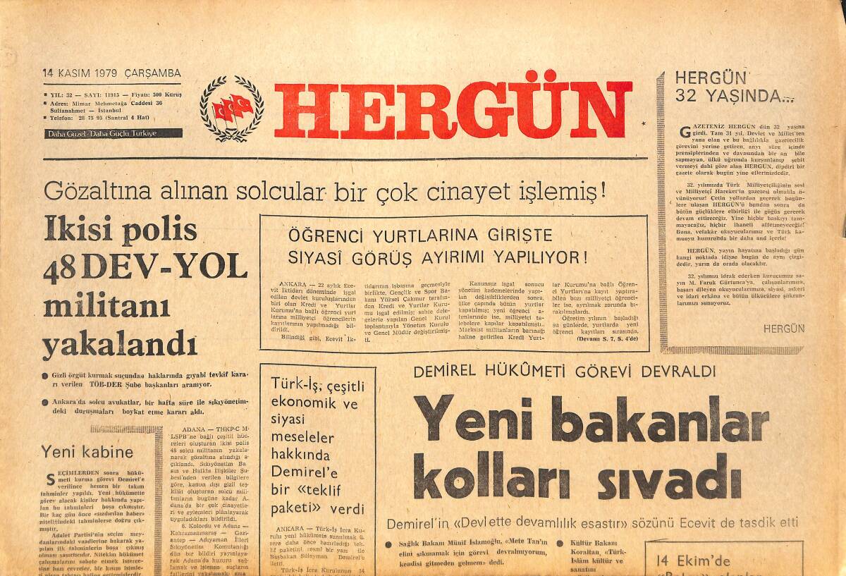 Her Gün Gazetesi 14 Kasım 1979 - Demirel Hükümeti Görevi Devraldı - Çağlayan: Ülkücü Gençlik Tüm Milletin Teminatıdır GZ142153 - 1