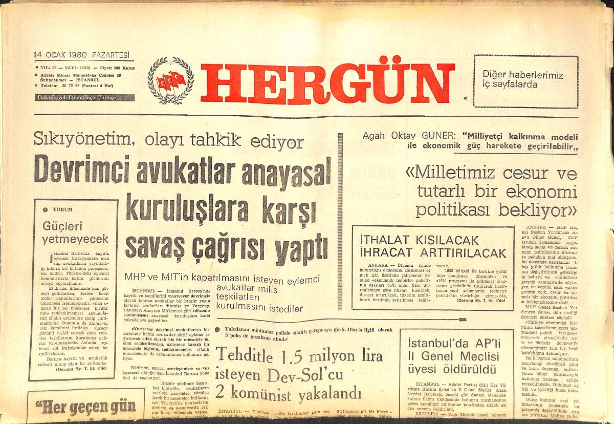 Her Gün Gazetesi 14 Ocak 1980 - Devrimci Avukatlar Anayasal Kuruluşlara Karşı Savaş Çağrısı Yaptı GZ142141 - 1