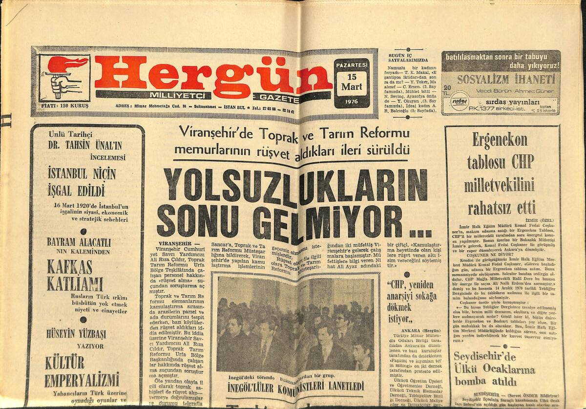 Her Gün Gazetesi 15 Mart 1976 - İnegöllüler Komünistleri Lanetledi - Seydişehir'de Ülkü Ocaklarına Bomba Atıldı GZ150443 - 1