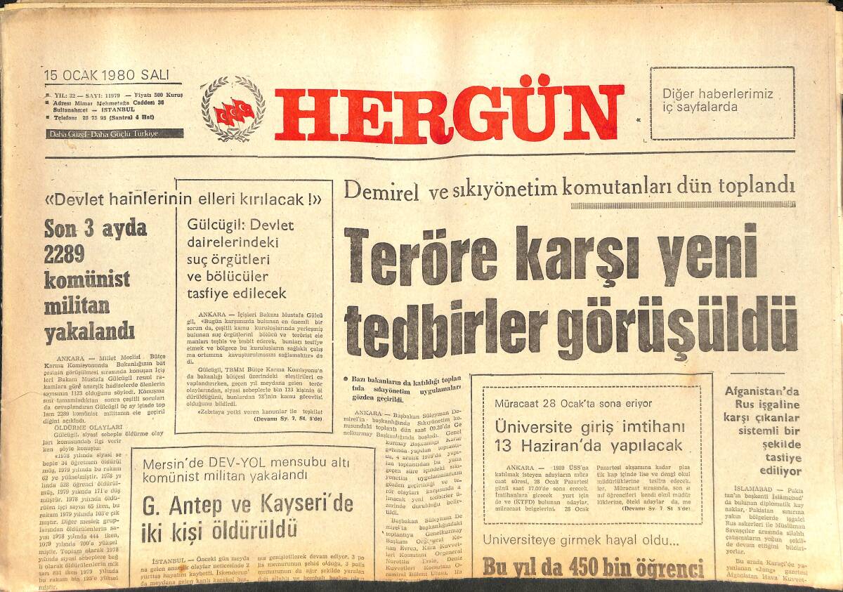 Her Gün Gazetesi 15 Ocak 1980 - Demirel Ve Sıkıyönetim Komutanları Dün Toplandı - Azeri Türklerine Karşı Baskı Ve Soykırım Zirve Noktasına Ulaştı GZ142140 - 1