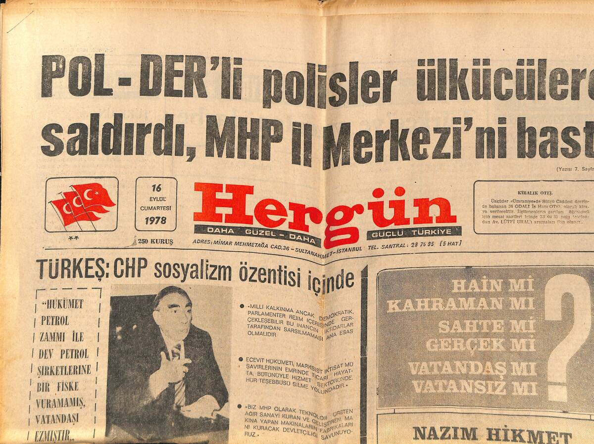 Her Gün Gazetesi 16 Eylül 1978 - Pol-Der'li Polisler Ülkücülere Saldırdı - Ecevit Özel Sektörü Ticaretten Silecek GZ152573 - 1