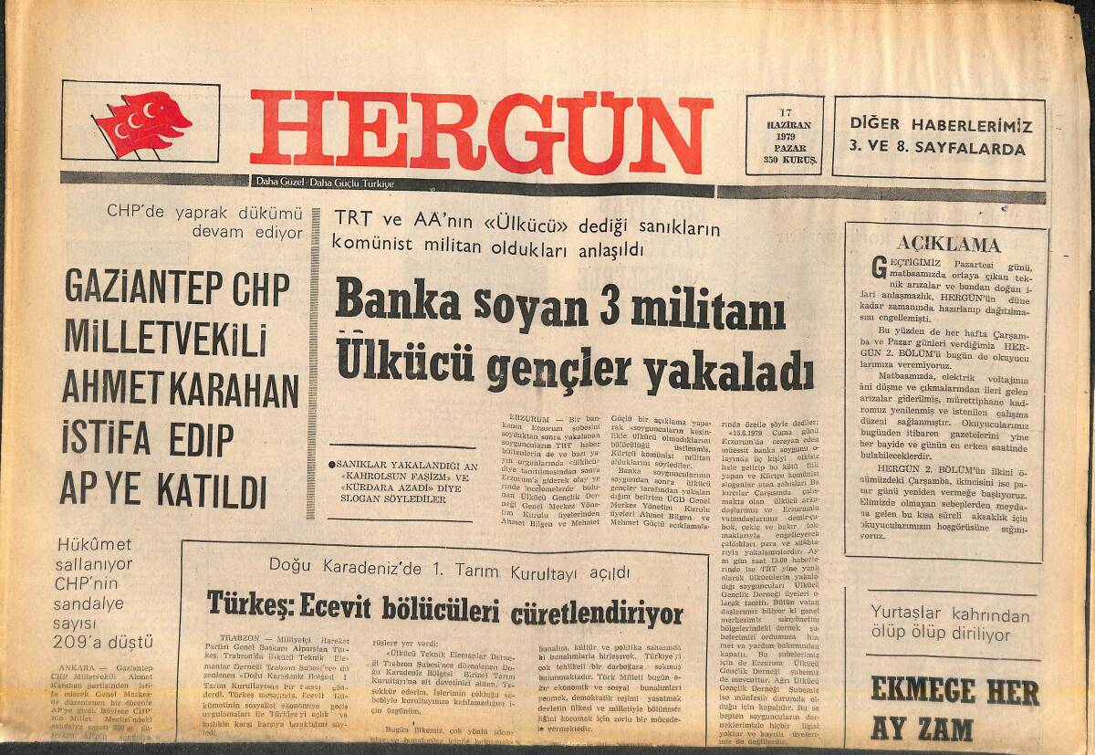 Her Gün Gazetesi 17 Haziran 1979 - Alpaslan Türkeş: Ecevit Bölücüleri Cüretlendiriyor - Sezonun En Büyük Maçı Trabzonspor - Fenerbahçe GZ141955 - 1
