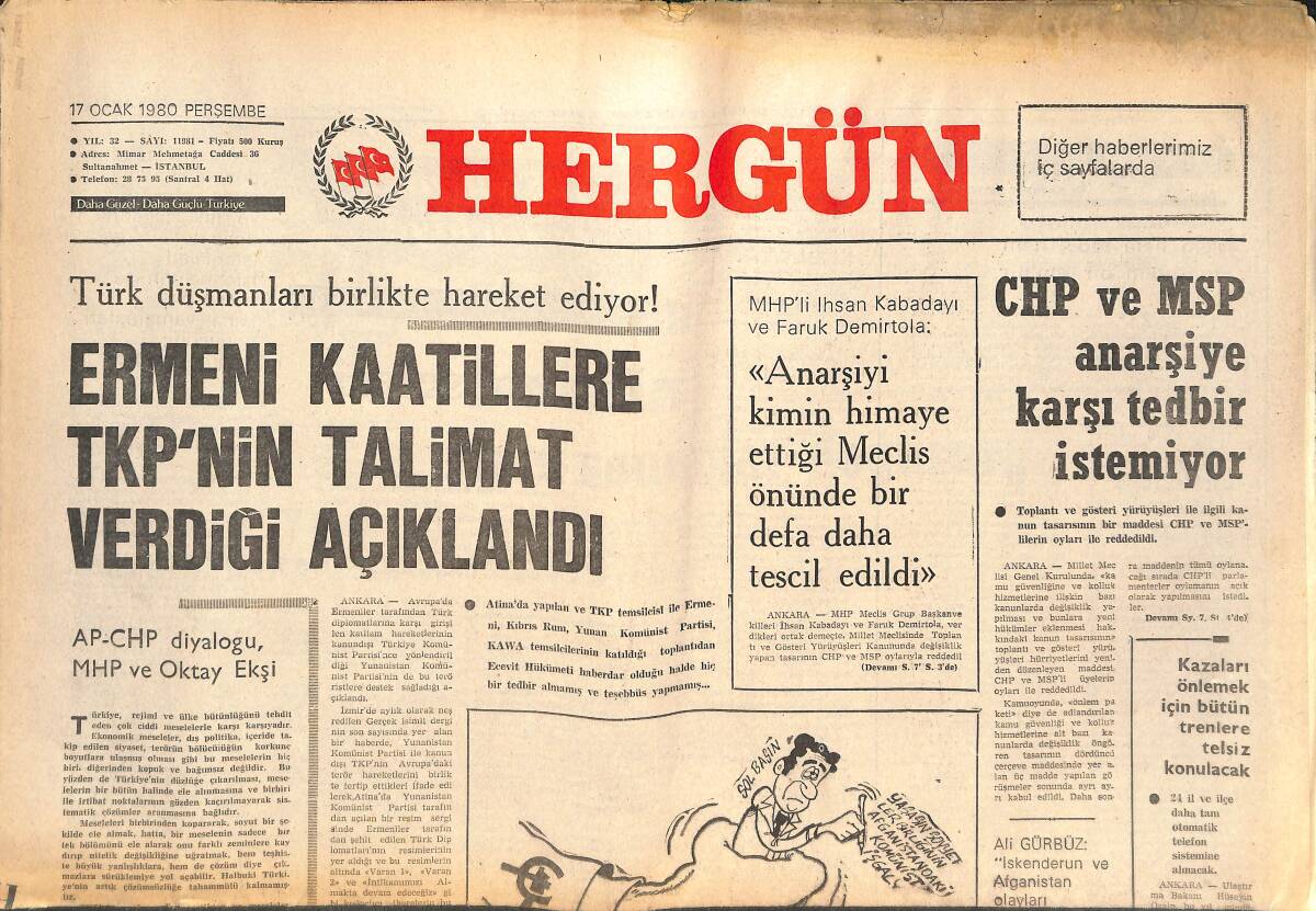 Her Gün Gazetesi 17 Ocak 1980 - Ermeni Kaatillere TKP'NİN Talimat Verdiği Açıklandı - CHP Ve MSP Anarşiye Karşı Tedbir İstemiyor GZ142162 - 1
