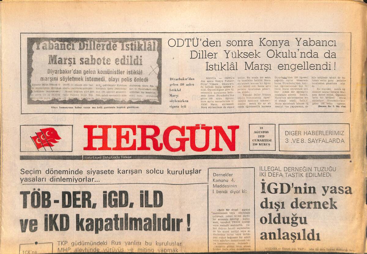 Her Gün Gazetesi 18 Ağustos 1979 - ODTÜ'den Sonra Konya Yabancı Diller Yüksek Okulu'nda Da İstiklal Marşı Engellendi GZ142062 - 1