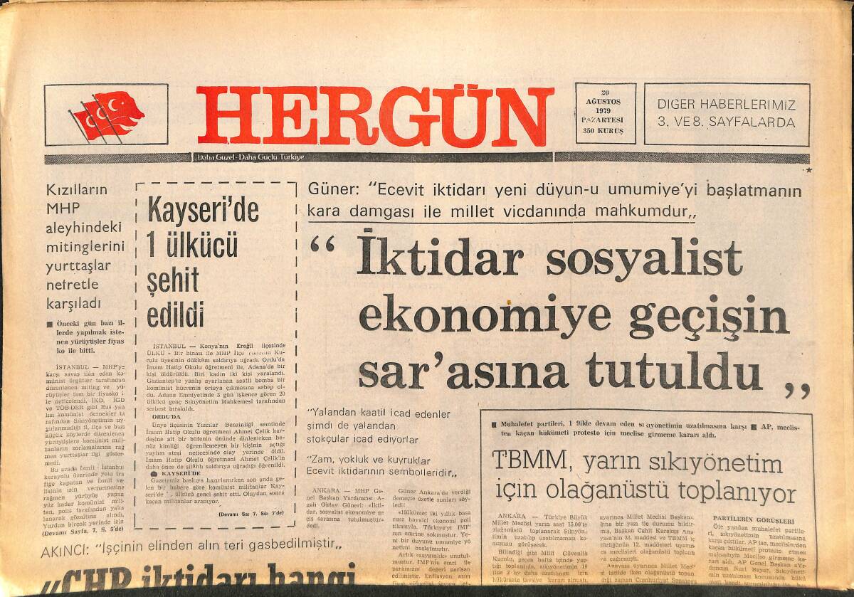 Her Gün Gazetesi 20 Ağustos 1979 - TBMM, Sıkıyönetim İçin Olağanüstü Toplanıyor - Rusya Yeni Bir Devrimin Eşiğinde GZ142060 - 1