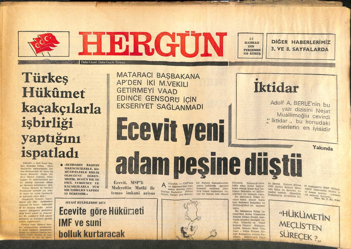 Her Gün Gazetesi 21 Haziran 1979 - Bülent Ecevit Yeni Adam Peşine Düştü - Avrupa'nın En Az Gol Yiyen Kalecisi Şenol Fiyatını 3 Milyona Çıkardı! GZ141953 - 1