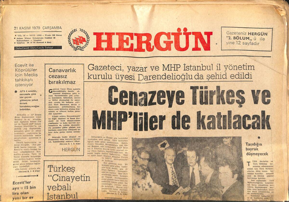 Her Gün Gazetesi 21 Kasım 1979 - Egemen Darendelioğlu'da Şehit Edildi - İran, ABD'NİN Muhtemel Bir Müdahalesinden Korkuyor GZ142089 - 1