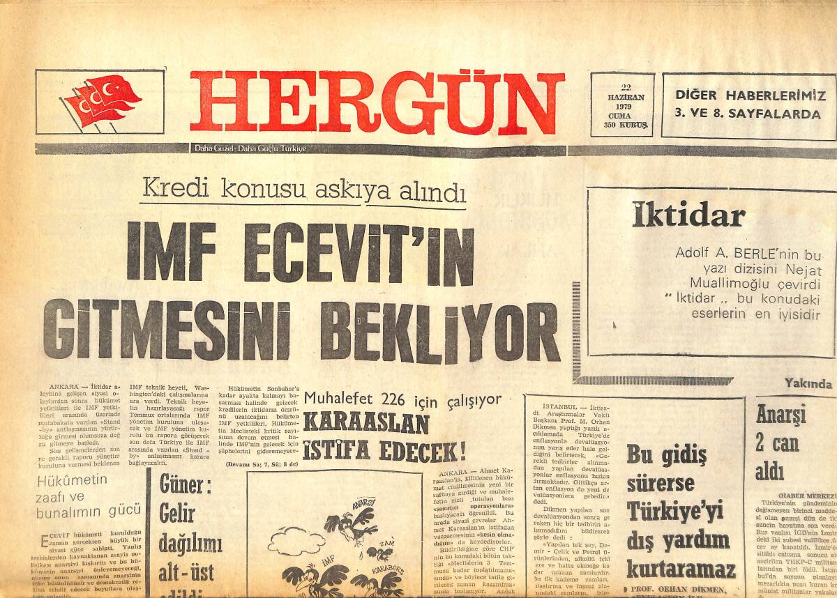 Her Gün Gazetesi 22 Haziran 1979 - IMF Ecevit'in Gitmesini Bekliyor - Ahmet Karaaslan İstifa Edecek! GZ142208 - 1