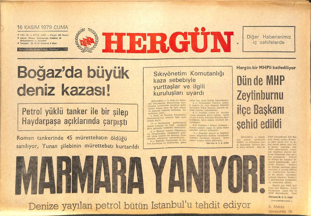 Her Gün Gazetesi 23 Mayıs 1979 - Boğaz'da Büyük Deniz Kazası - Marmara Yanıyor - Denize Yayılan Petrol Bütün İstanbul'u Tehdit Ediyor GZ142151 - 1