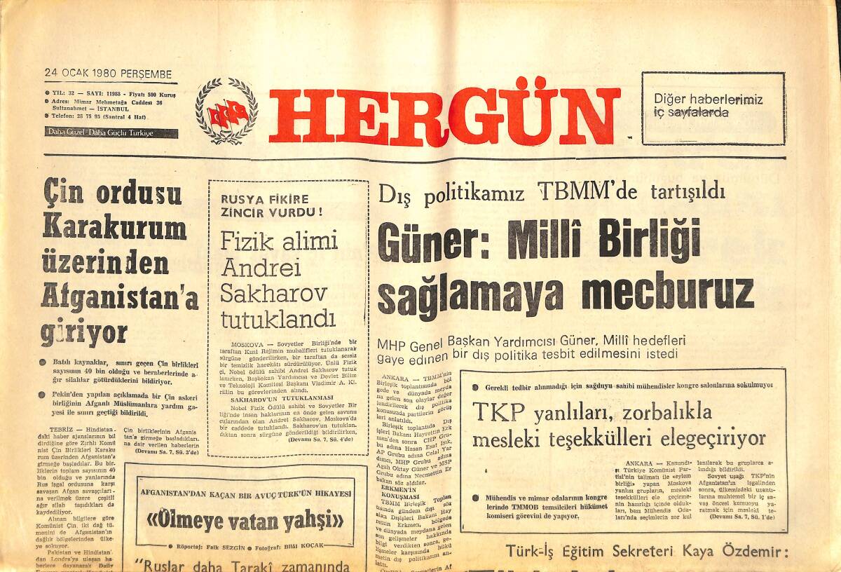Her Gün Gazetesi 24 Ocak 1980 - Çin Ordusu Karakurum Üzerinden Afganistan'a Giriyor - Fizik Alimi Andrei Sakharov Tutuklandı GZ142280 - 1
