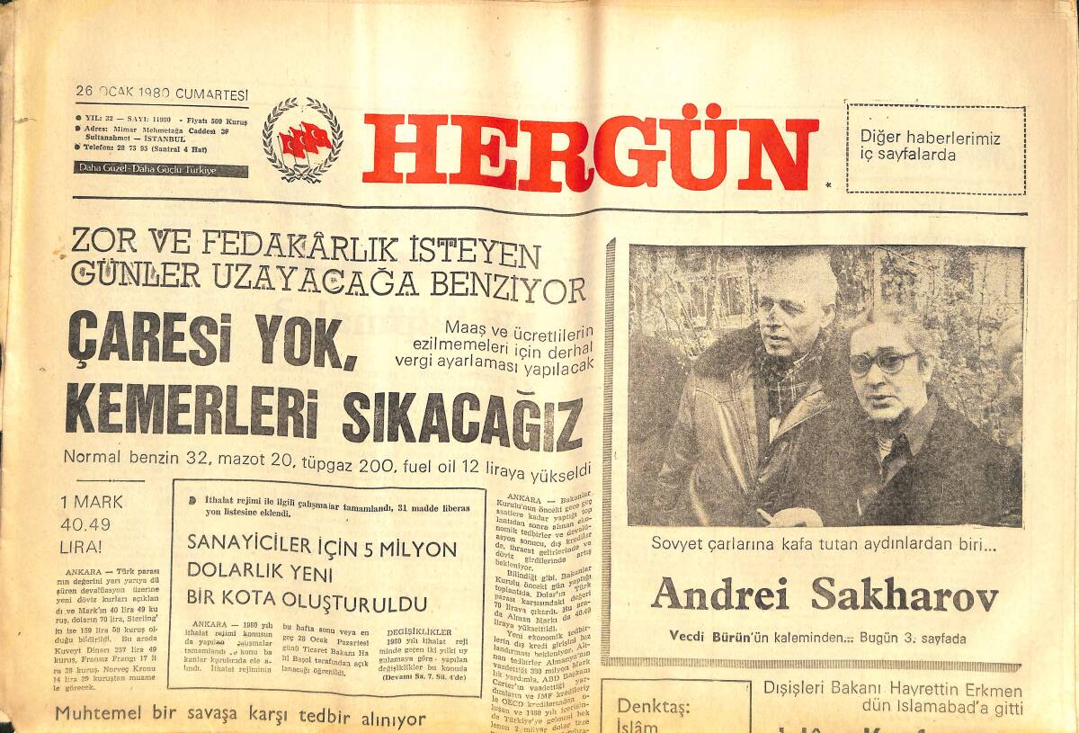 Her Gün Gazetesi 26 0cak 1980 - Sovyet Çarlarına Kafa Tutan Aydınlardan Biri: Andrei Sakharov - Ülkücülerin, Rus İşgalini Protesto Mitingleri Sürüyor GZ142278 - 1