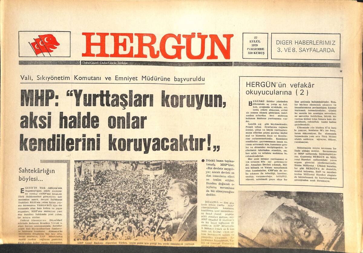 Her Gün Gazetesi 27 Eylül 1979 - MHP: Yurttaşları Koruyun! - Türkeş: Ecevit Sahtekarlığı Da Üstlenmiştir! GZ142167 - 1