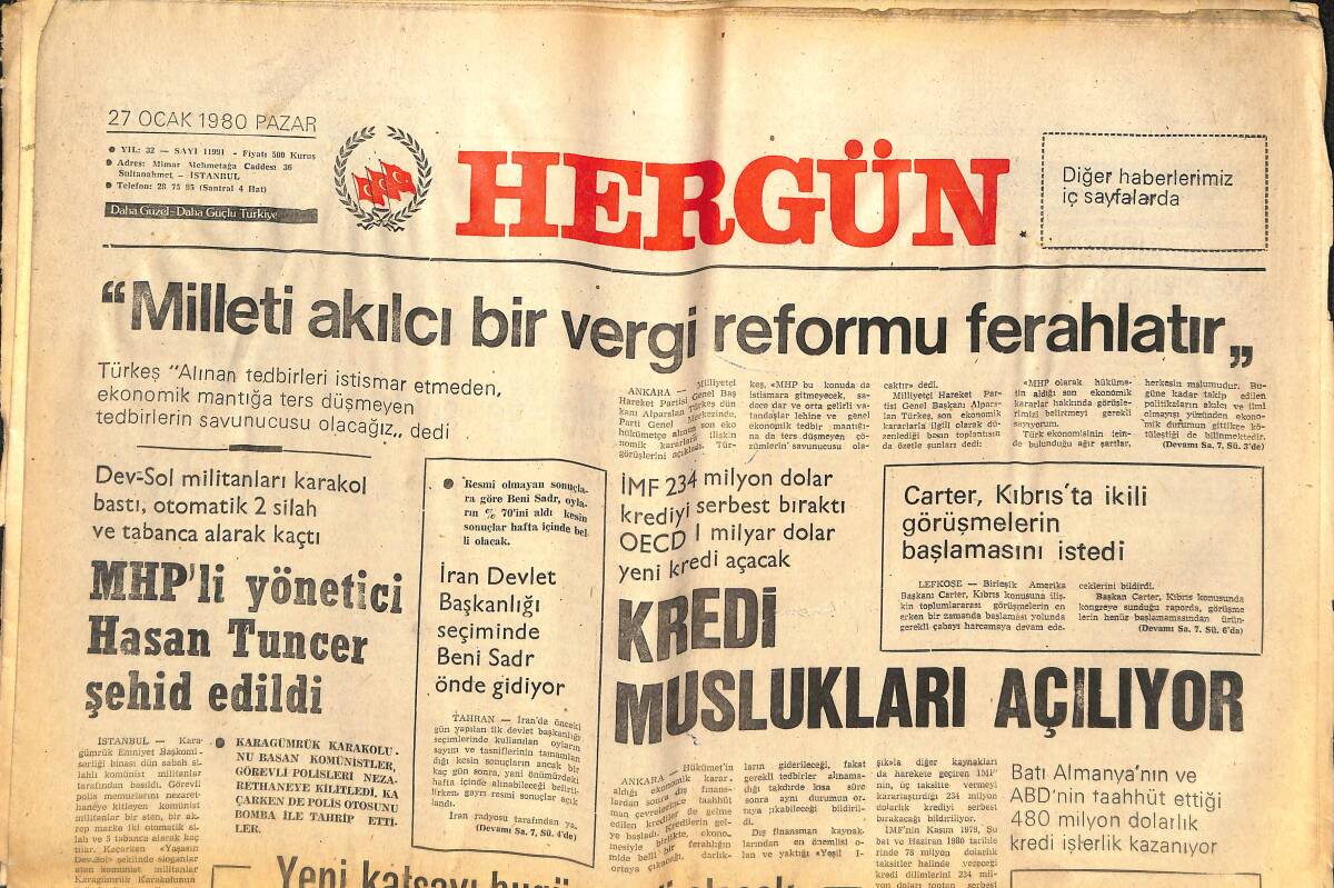 Her Gün Gazetesi 27 Ocak 1980 - MHP'li Yönetici Hasan Tuncer Şehid Edildi - Irak'taki Tutuklu Türklerin Cezaları İnfaz Ediliyor GZ142277 - 1