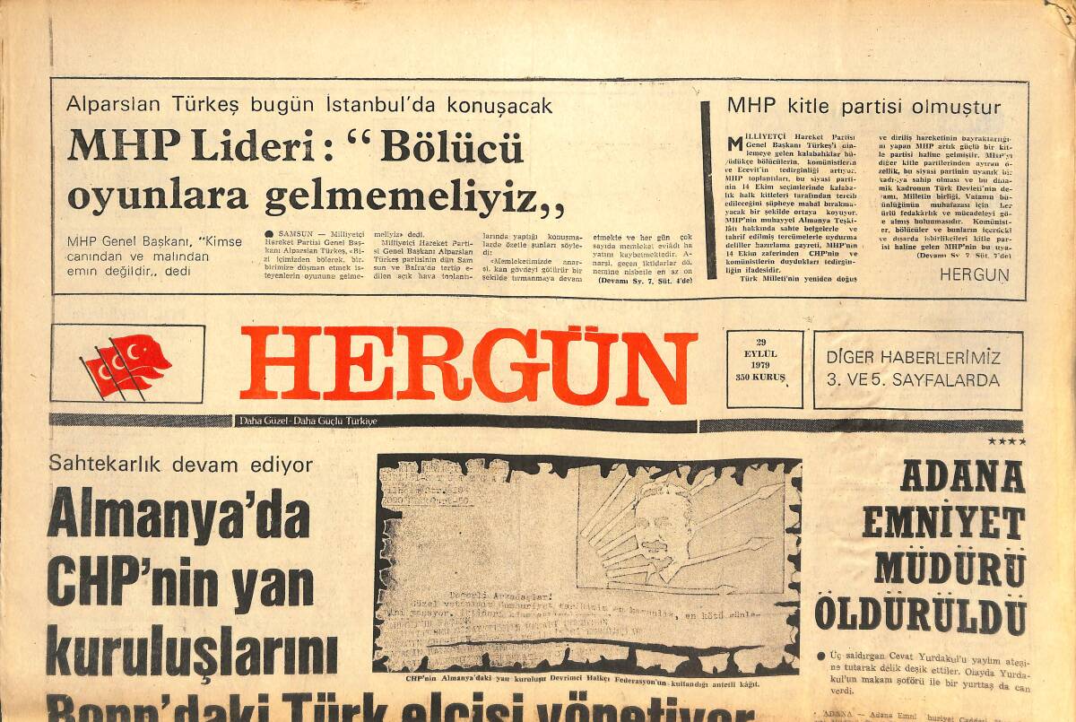 Her Gün Gazetesi 29 Eylül 1979 - Terör Zirvede! - Adana Emniyet Müdürü Öldürüldü - Seren: Diyarbakır'da Hedefimiz İki Puan GZ142178 - 1