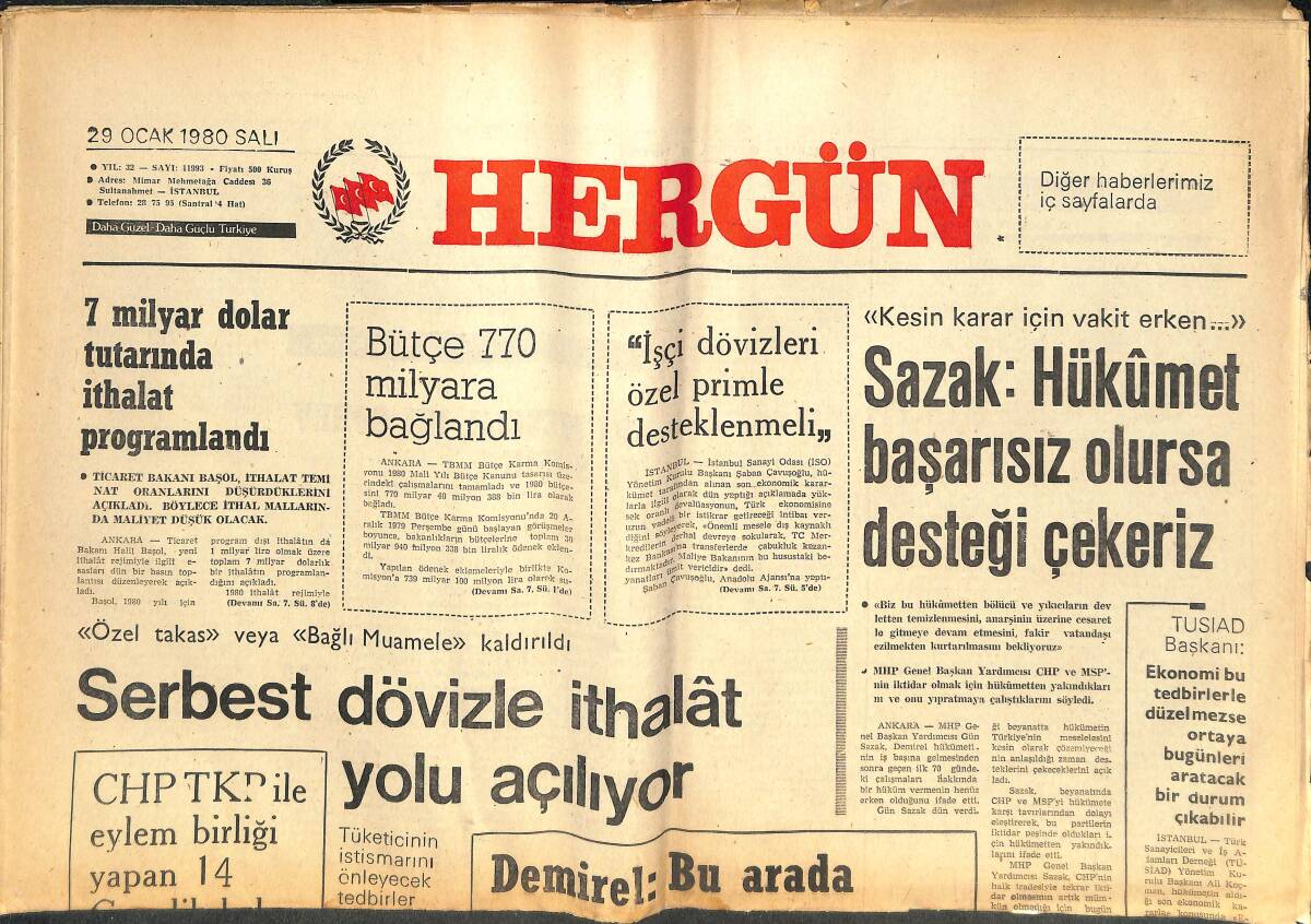 Her Gün Gazetesi 29 Ocak 1980 - Komünistler Malatya'yı Hatay Haline Getirmek İstiyor - Sovyet Emperyalizmi Ve Afganistan GZ142138 - 1
