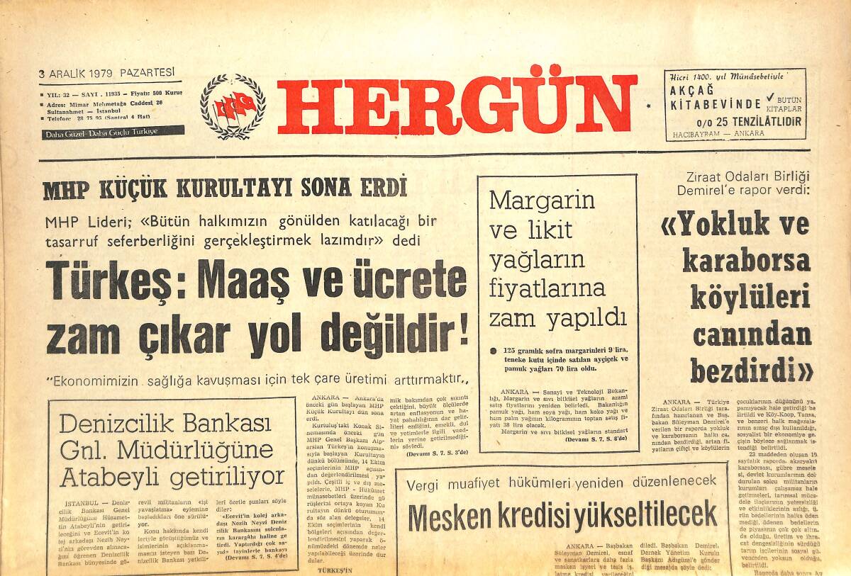 Her Gün Gazetesi 3 Aralık 1979 - Vergi Kanunlarında Değişiklik Yapılacak - Yeni Hükümet Ve Ülkücü Kargolar GZ142100 - 1