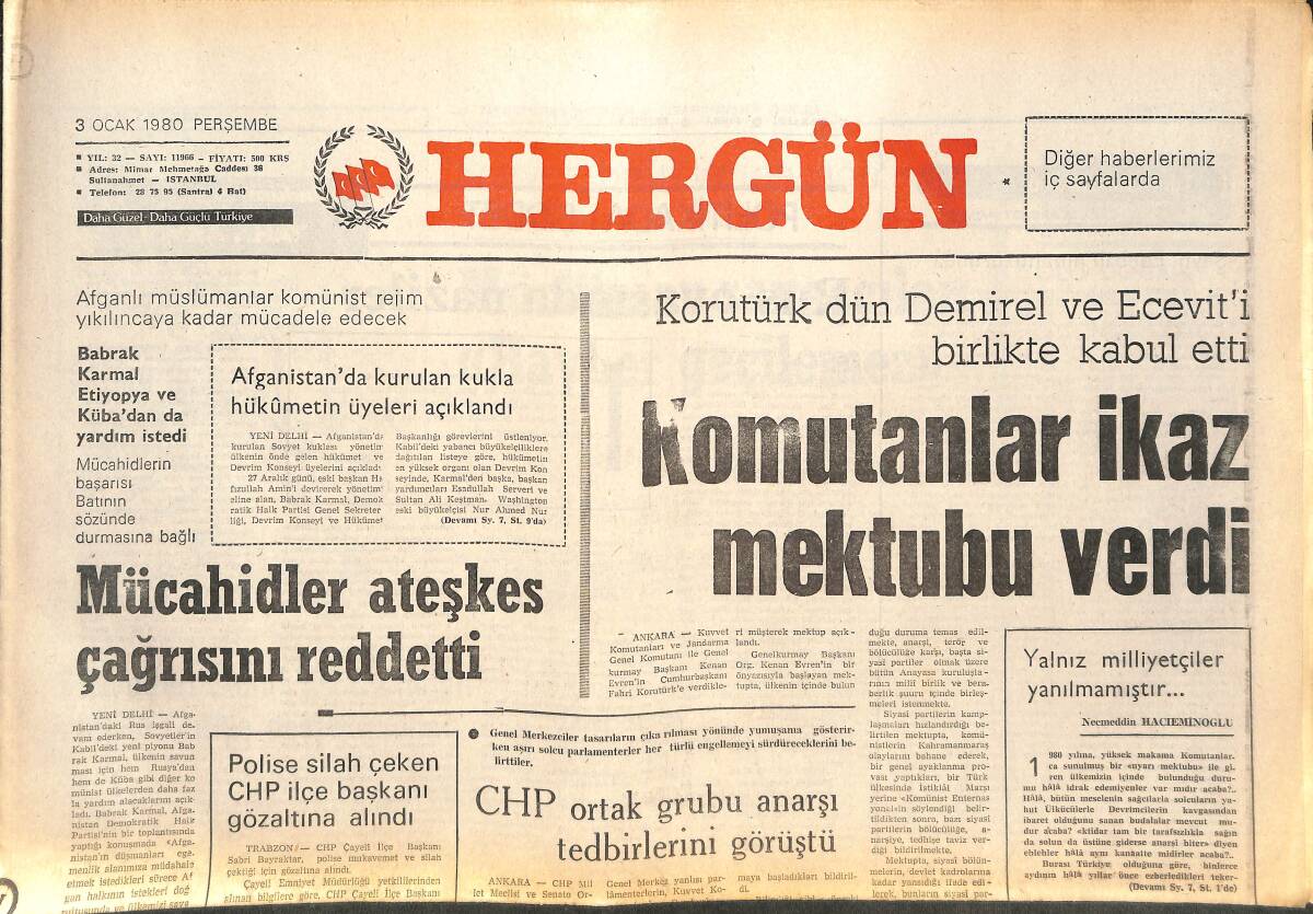 Her Gün Gazetesi 3 Ocak 1980 - Komutanlar İkaz Mektubu Verdi - Korutürk Dün Demirel Ve Ecevit'i Birlikte Kabul Etti GZ142106 - 1